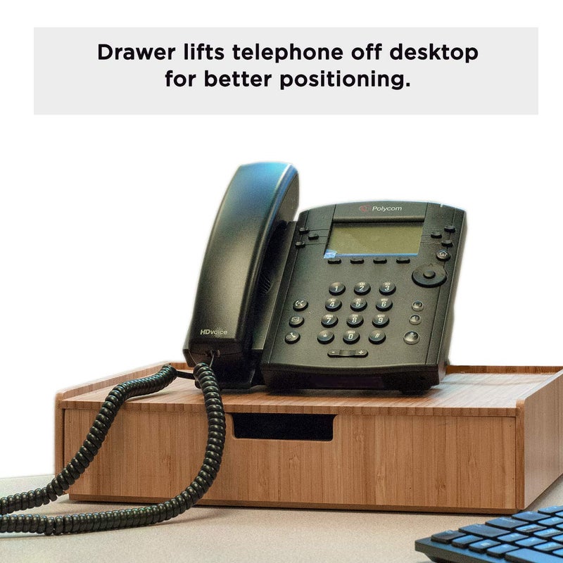 MobileVision Bamboo Telephone Stand with Drawer Stackable Storage Solution for Office Products Pens, Pencils, Scissors, Notepads, Business Cards and More - Image 3